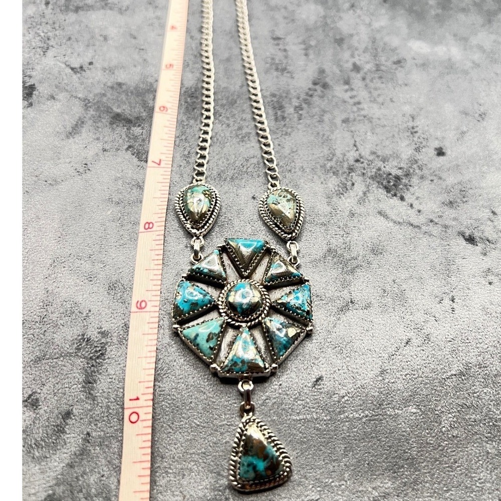 .925 Sterling Silver Turquoise Southwestern Style Y Drop Lariat Cluster Necklace - Picture 8 of 9
